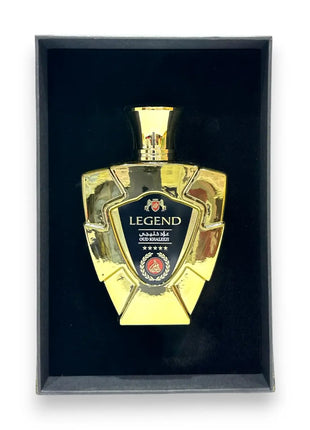 Legend Gold Oud Khaleeji Eau de Parfum 100ml bottle displayed in a luxurious black box.