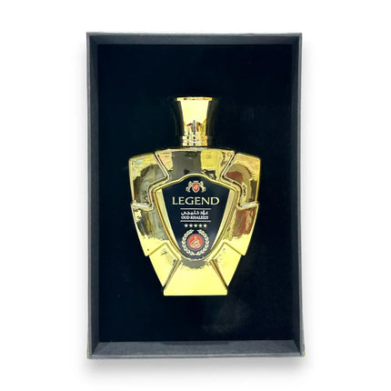 Legend Gold Oud Khaleeji Eau de Parfum 100ml bottle displayed in a luxurious black box.