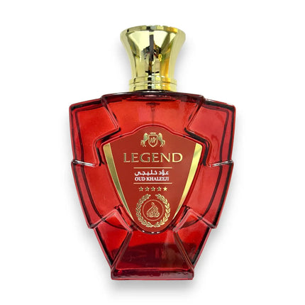 Legend Red Oud Khaleeji Eau de Parfum 100ml in an elegant red bottle with gold accents.