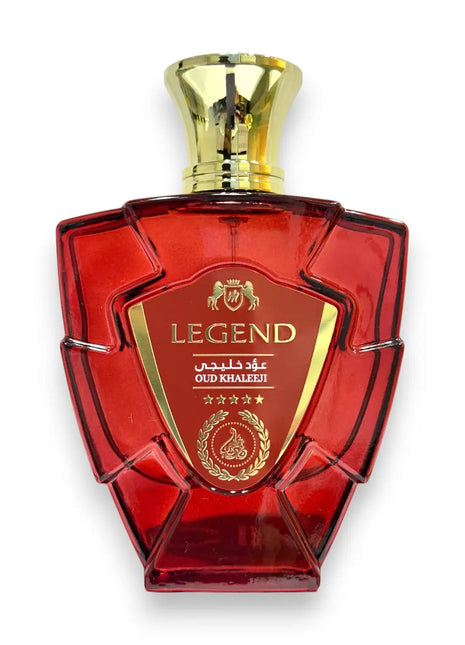 Legend Red Oud Khaleeji Eau de Parfum 100ml in an elegant red bottle with gold accents.