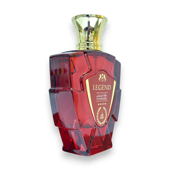 Legend Red Oud Khaleeji Eau de Parfum 100ml bottle showcasing its vibrant red design and elegant gold cap.
