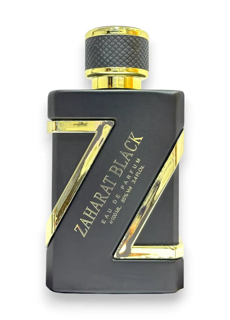 Zaharat Black Gold Eau De Parfum 100ml bottle with black and gold design, showcasing elegance and sophistication.