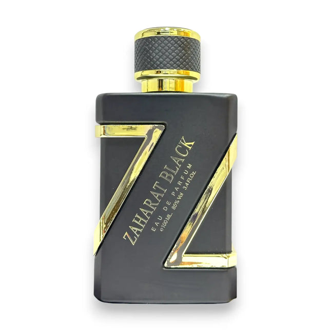 Zaharat Black Gold Eau De Parfum 100ml bottle with black and gold design, showcasing elegance and sophistication.