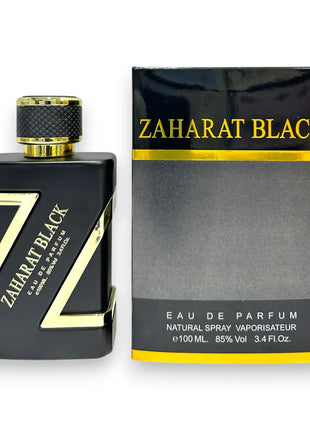 Zaharat Black Gold Eau De Parfum 100ml bottle and box showcasing luxurious fragrance design.
