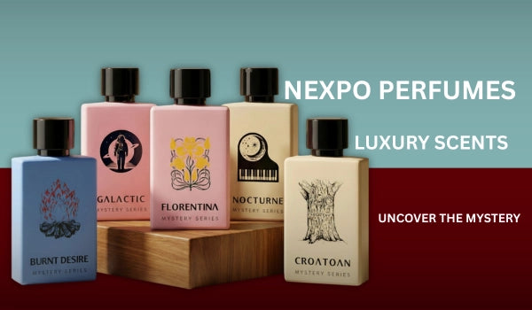 Nexpo perfumes showcasing five luxury scent bottles, each with unique designs and labels from the Mystery Series.