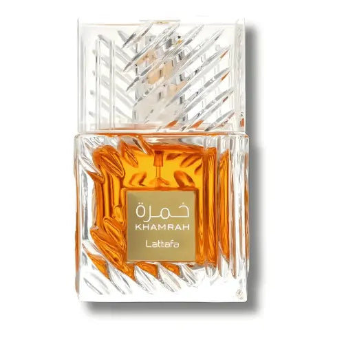 Lattafa Khamrah Eau de Parfum 100ml Unisex fragrance bottle with intricate design and amber liquid.