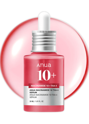 Anua Niacinamide 10 TXA 4 Serum 30ml with dropper on a pink background, designed for dark spot treatment.