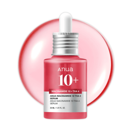 Anua Niacinamide 10 TXA 4 Serum 30ml with dropper on a pink background, designed for dark spot treatment.
