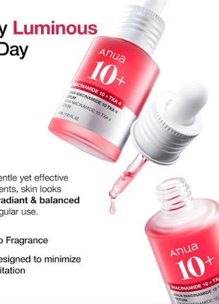Anua Niacinamide 10 TXA 4 Serum 30ml displayed in a pink bottle for radiant and balanced skin.