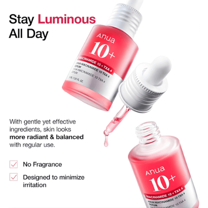Anua Niacinamide 10 TXA 4 Serum 30ml displayed in a pink bottle for radiant and balanced skin.