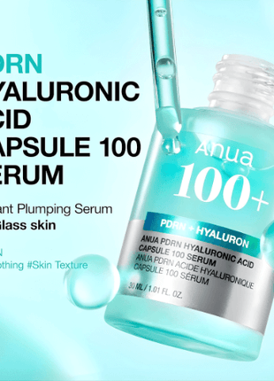 Anua PDRN Hyaluronic Acid Serum 30ml in a bottle for radiant plumping and smooth skin texture.