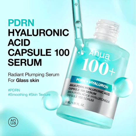 Anua PDRN Hyaluronic Acid Serum 30ml in a bottle for radiant plumping and smooth skin texture.