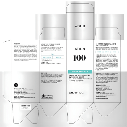 Anua PDRN Hyaluronic Acid Serum 30ml product packaging showing ingredients and usage details.