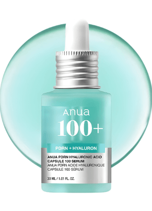 Anua PDRN Hyaluronic Acid Serum 30ml bottle with dropper and turquoise background.