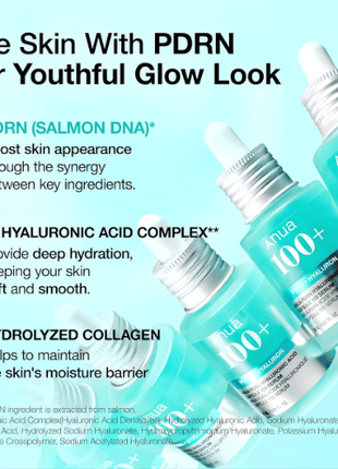 Anua PDRN Hyaluronic Acid Serum 30ml with PDRN, hyaluronic acid, and hydrolyzed collagen for hydration and youthful glow.