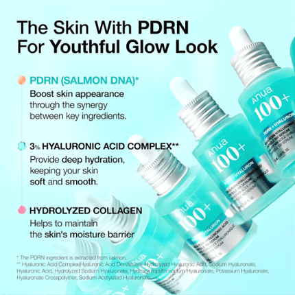 Anua PDRN Hyaluronic Acid Serum 30ml with PDRN, hyaluronic acid, and hydrolyzed collagen for hydration and youthful glow.