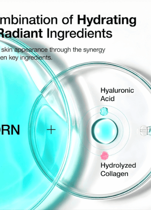 Anua PDRN Hyaluronic Acid Serum illustration showing hydrating and radiant ingredients: PDRN, Hyaluronic Acid, Hydrolyzed Collagen.