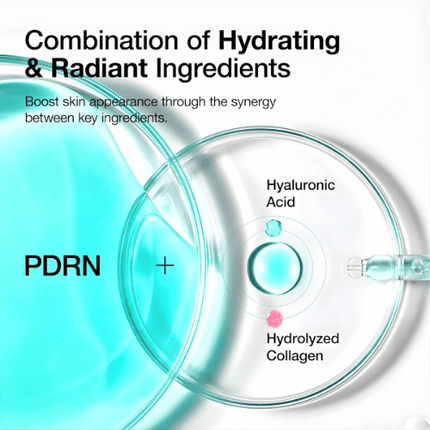 Anua PDRN Hyaluronic Acid Serum illustration showing hydrating and radiant ingredients: PDRN, Hyaluronic Acid, Hydrolyzed Collagen.