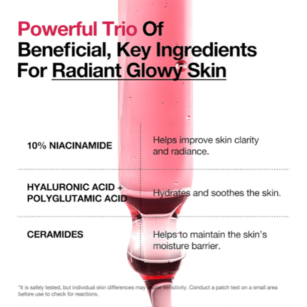 Infographic featuring key ingredients of Anua Niacinamide 10 TXA 4 Serum for radiant, glowy skin.