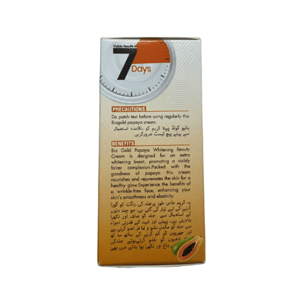Bio Gold Papaya Beauty Cream packaging displaying benefits and precautions for skin care.