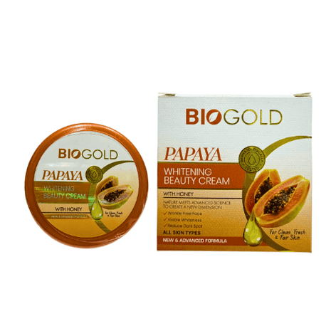 Bio Gold Papaya Beauty Cream packaging and container showcasing moisturizing properties and skin benefits.