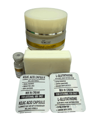 Biocos Collagen 5 in 1 Beauty Cream Pack with cream, bar, serum, and capsules for skincare routines.