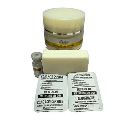 Biocos Collagen 5 in 1 Beauty Cream Pack with cream, bar, serum, and capsules for skincare routines.
