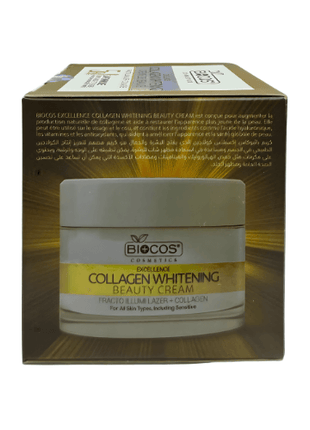 Biocos Collagen Whitening Beauty Cream packaging showcasing premium skincare product.