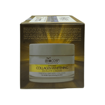 Biocos Collagen Whitening Beauty Cream packaging showcasing premium skincare product.