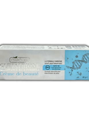 Biocos Glutathione Advance Cream 40g packaging with botanical extracts for skin hydration and texture maintenance.