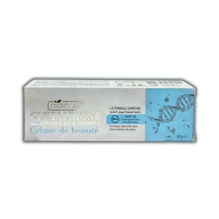 Biocos Glutathione Advance Cream 40g packaging with botanical extracts for skin hydration and texture maintenance.