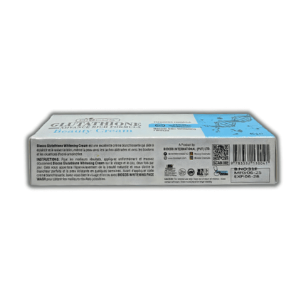 Biocos Glutathione Advance Cream 40g tube showcasing product details and usage instructions.
