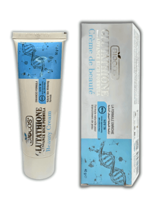 Biocos Glutathione Advance Cream 40g tube and box showcasing skincare benefits and botanical extracts.