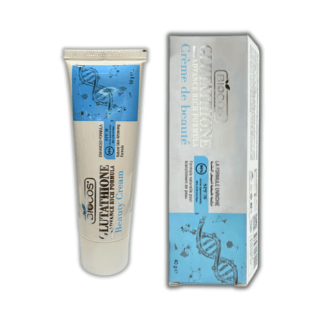 Biocos Glutathione Advance Cream 40g tube and box showcasing skincare benefits and botanical extracts.
