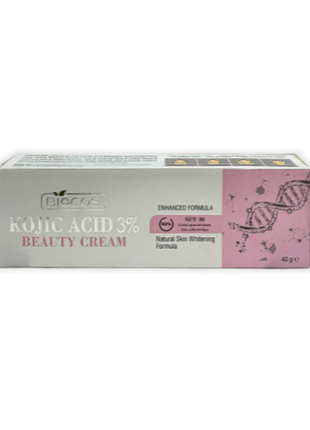 Biocos Kojic Acid Beauty Cream 40g packaging showcasing enhanced formula and natural skin whitening features.