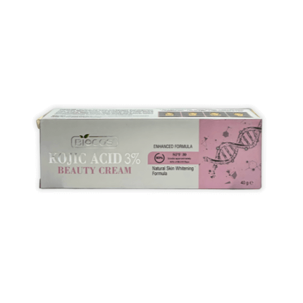 Biocos Kojic Acid Beauty Cream 40g packaging showcasing enhanced formula and natural skin whitening features.