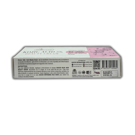 Biocos Kojic Acid Beauty Cream 40g tube packaging with ingredient information and usage instructions.