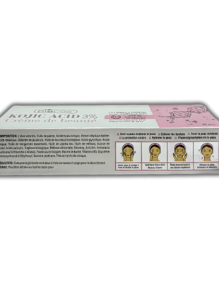 Biocos Kojic Acid Beauty Cream 40g packaging showcasing usage instructions and ingredients.
