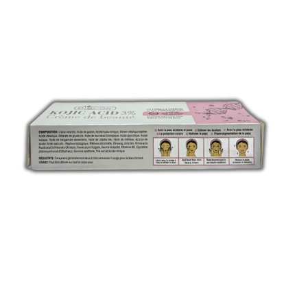 Biocos Kojic Acid Beauty Cream 40g packaging showcasing usage instructions and ingredients.