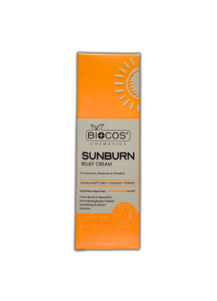 Biocos Sunburn Relief Soothing Cream packaging showcasing effective sunburn relief and soothing properties.