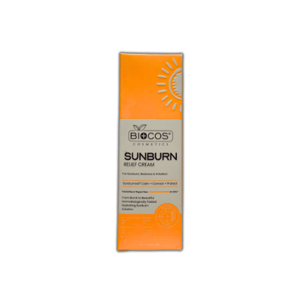 Biocos Sunburn Relief Soothing Cream packaging showcasing effective sunburn relief and soothing properties.