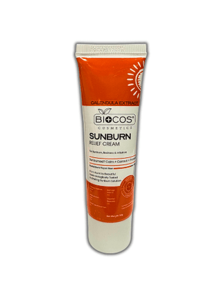 Biocos Sunburn Relief Soothing Cream 50g tube featuring calendula extract for effective sunburn relief