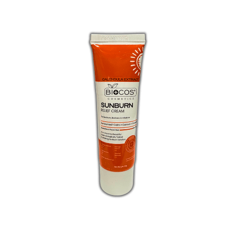 Biocos Sunburn Relief Soothing Cream 50g tube featuring calendula extract for effective sunburn relief