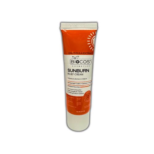 Biocos Sunburn Relief Soothing Cream 50g tube featuring calendula extract for effective sunburn relief