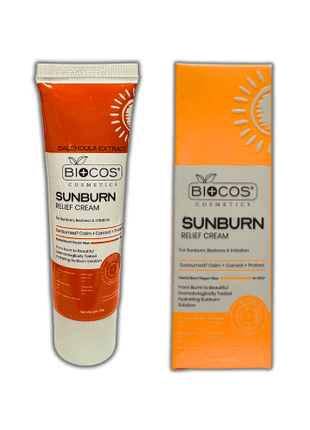 Biocos Sunburn Relief Soothing Cream packaging showing benefits for sunburn, redness, and irritation.