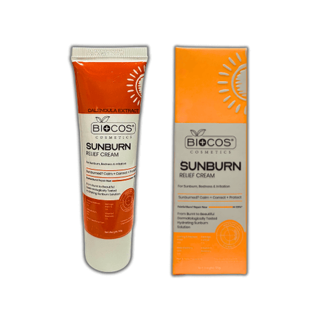 Biocos Sunburn Relief Soothing Cream packaging showing benefits for sunburn, redness, and irritation.