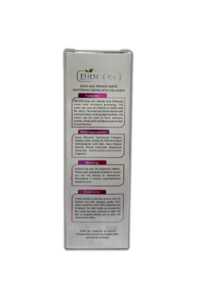 Biocos Whitening Cream Intimate Area 40g packaging with ingredient details and usage instructions.