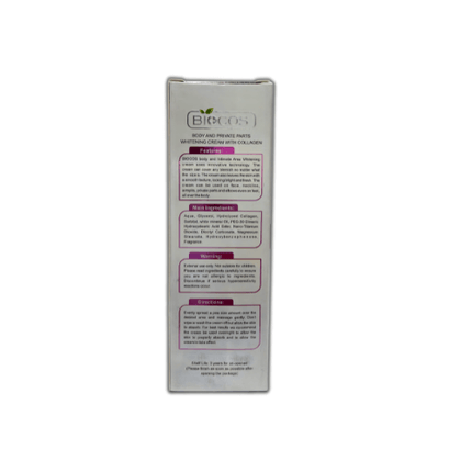 Biocos Whitening Cream Intimate Area 40g packaging with ingredient details and usage instructions.