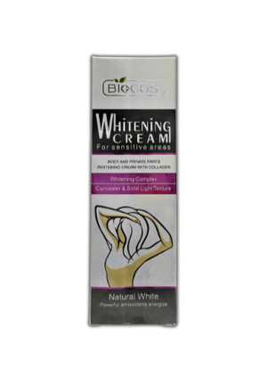 Biocos Whitening Cream Intimate Area packaging, designed for sensitive skin with collagen and antioxidants.