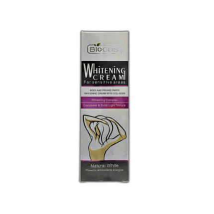 Biocos Whitening Cream Intimate Area packaging, designed for sensitive skin with collagen and antioxidants.